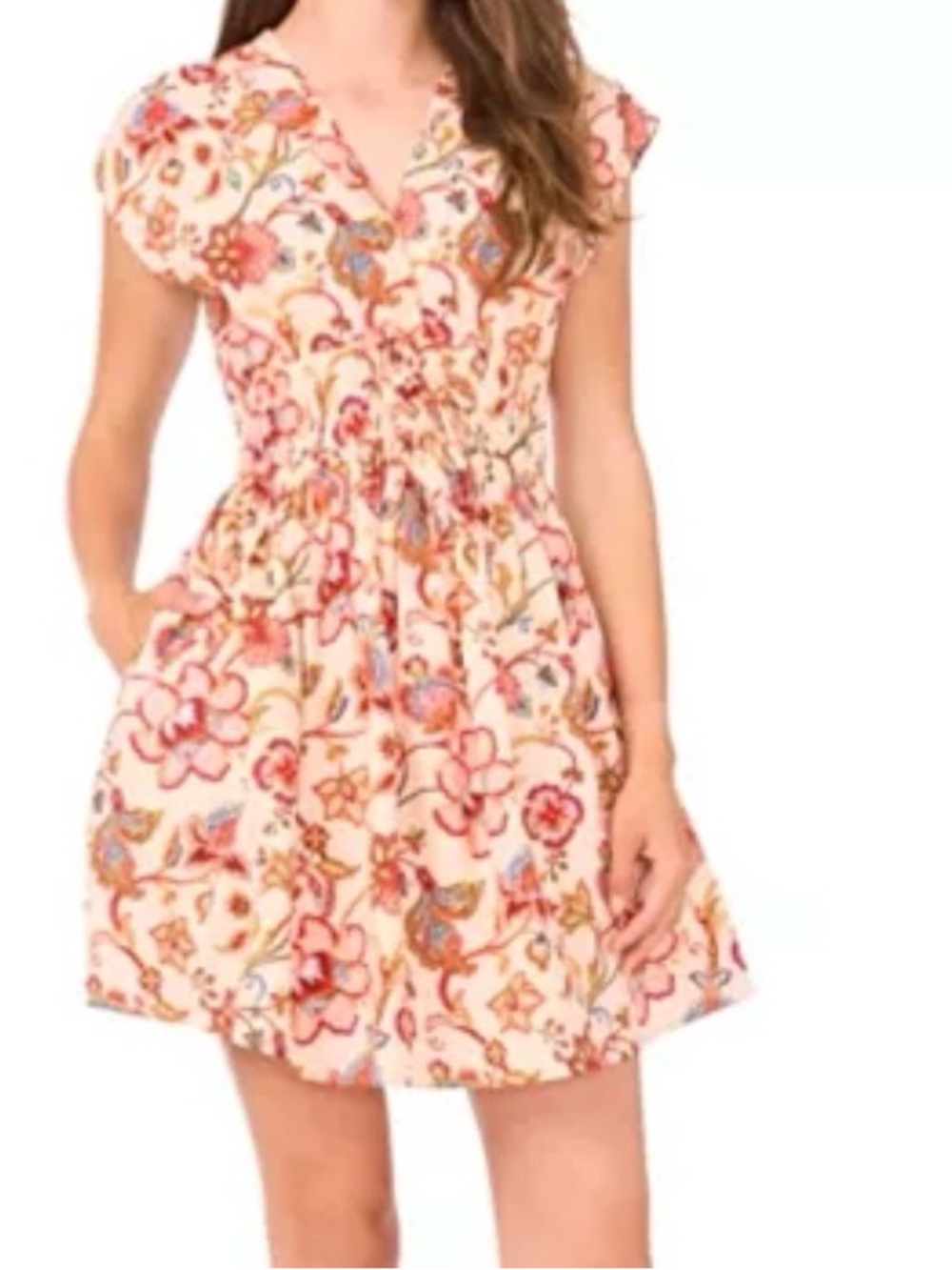 CeCe Woman’s Dresses Cap Sleeve Floral Mini Dress Pockets Elastic Waistband Size